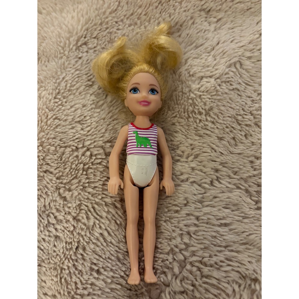 Mattel Barbie Chelsea Doll Blonde‎ Blue Eyes Dinosaur Striped Swimsuit 2016